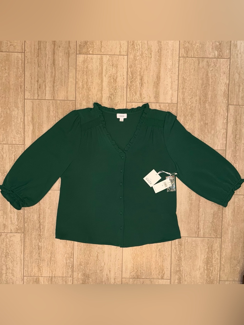 NWT CeCe Women's Ruffled Button Front
3/4-Sleeve Blouse Forest Green Size XL